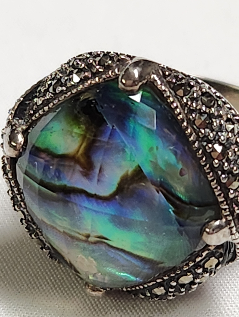 MARC JACOBS Sterling Silver Abalone Shell Ring With Marcaste Accents Size 8 - Picture 10 of 17